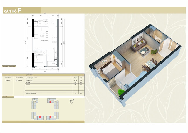 Thiết kế căn hộ loại F: 2 phòng ngủ, 1 vệ sinh 55m2 thông thủy