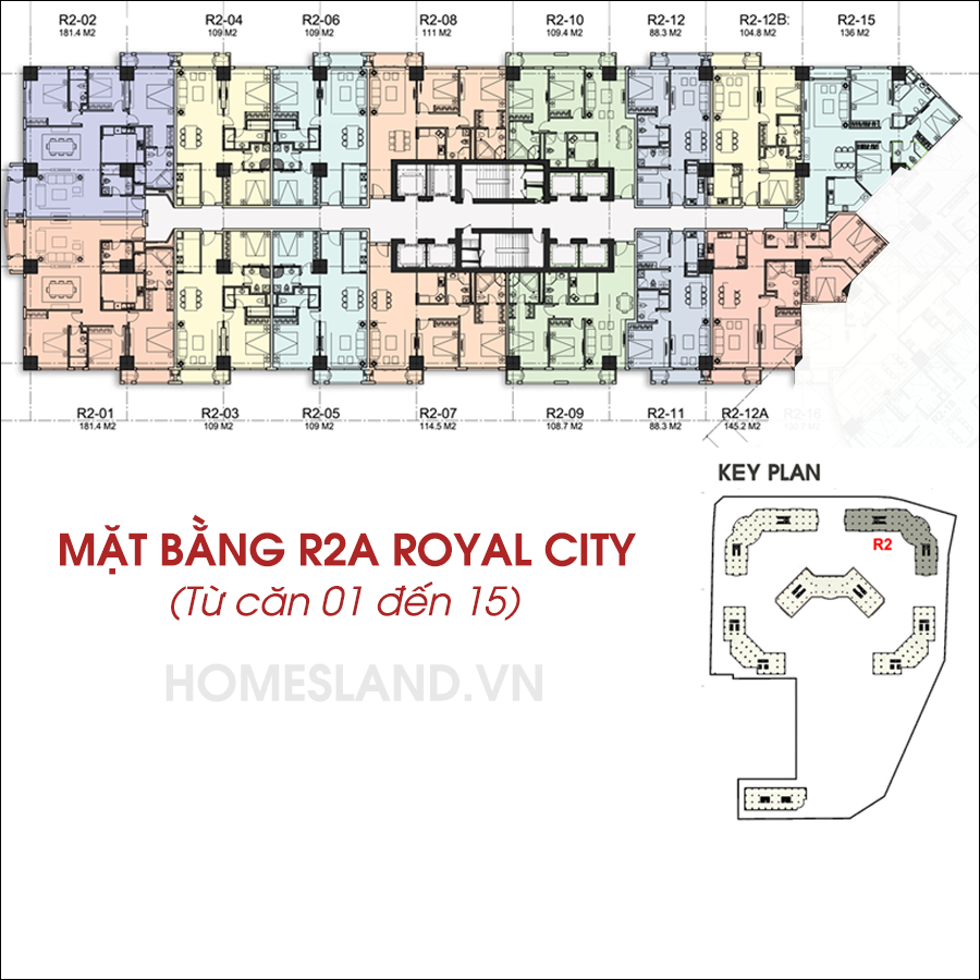 Mặt bằng R2A Royal City từ căn 01 đến 15.