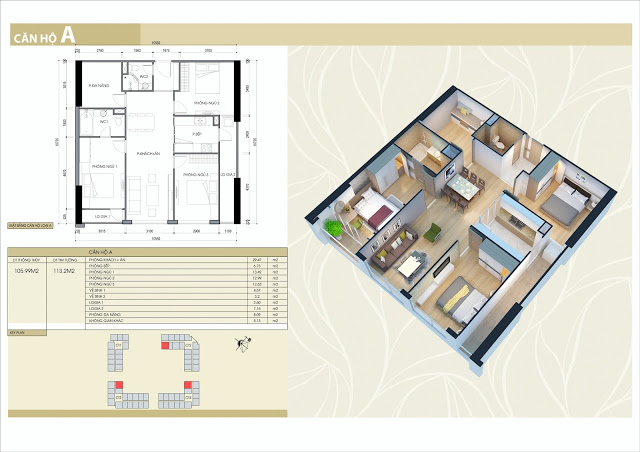 Thiết kế căn hộ 3 phòng ngủ, 2 vệ sinh, 1 phòng làm việc 106m2 thông thủy