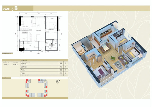 Thiết kế căn hộ loại B: 3 phòng ngủ, 2 vệ sinh diện tích 93- 94- 95m2 thông thủy