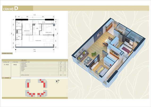 Thiết kế căn hộ loại D: 2 phòng ngủ, 2 vệ sinh, diện tích 75m2 thông thủy