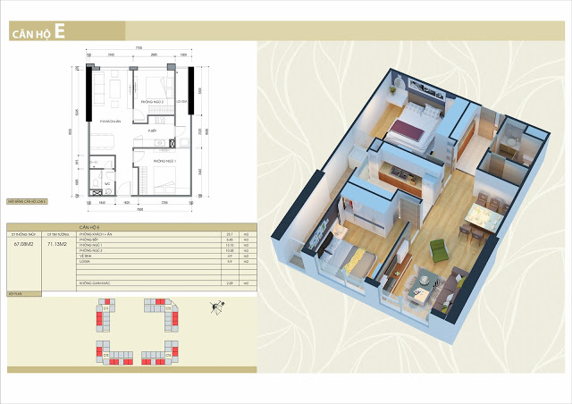 Thiết kế căn hộ loại E: 2 phòng ngủ, 2 vệ sinh, 67m2 thông thủy