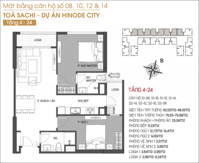 Mặt bằng căn hộ 08, 10, 12 và 14 tầng 4 - 24 toà Sachi Tower