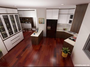 Không gian phòng khách và bếp căn hộ 3 ngủ 136m2 toà R1